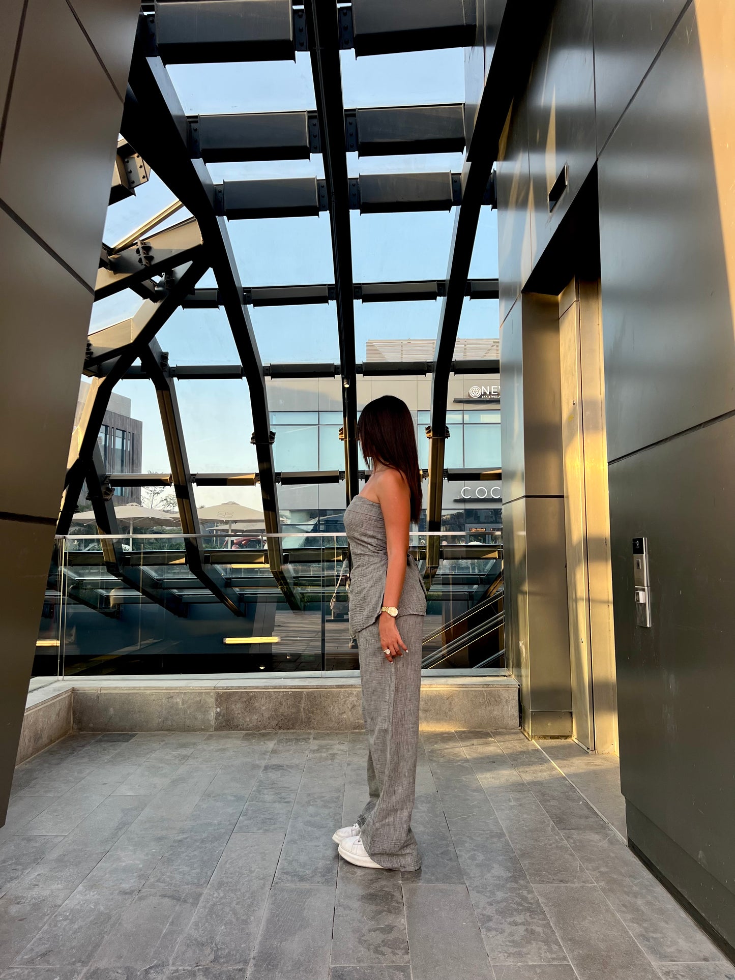 The Structured Strapless Linen Top in Stone Grey