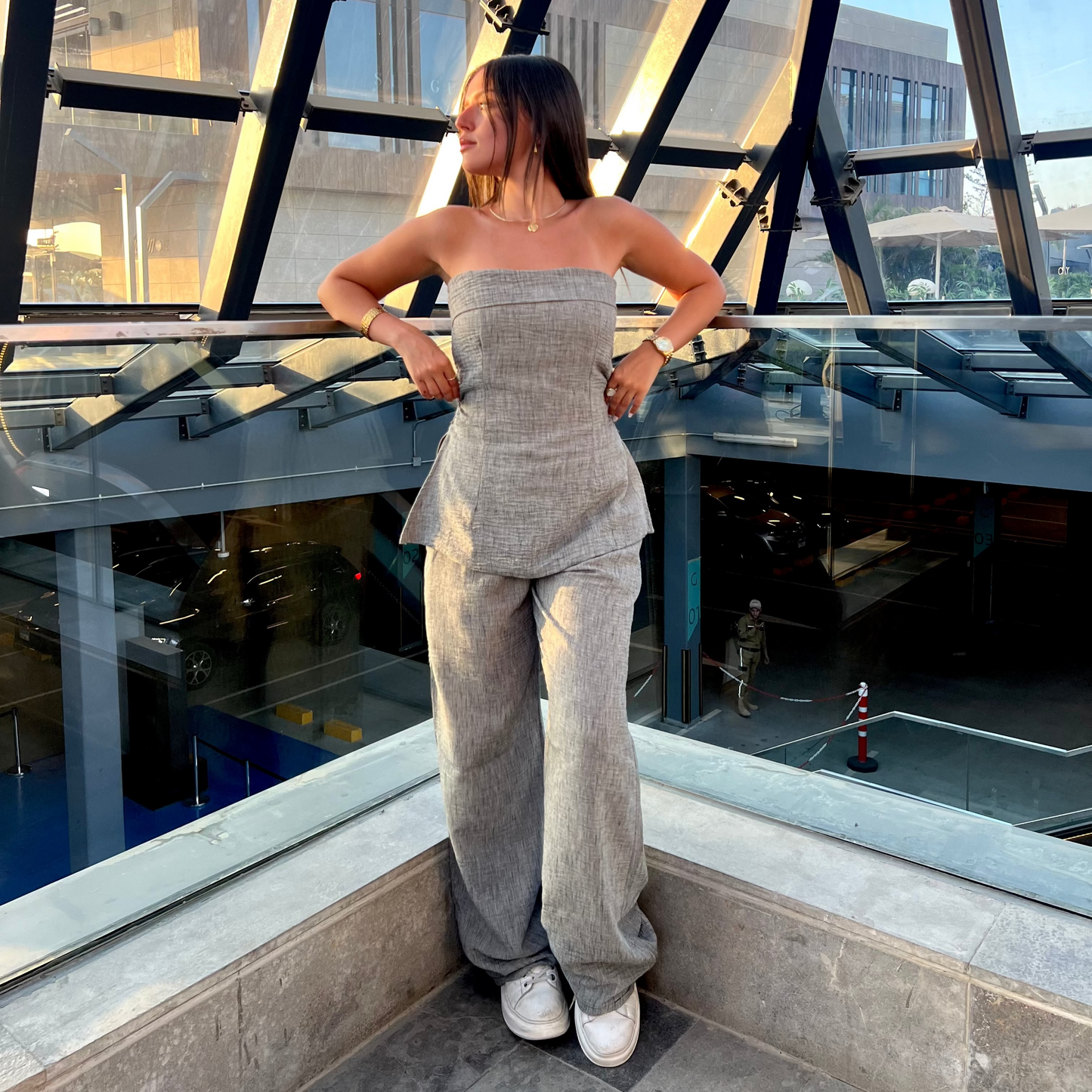 The Structured Strapless Linen Top in Stone Grey