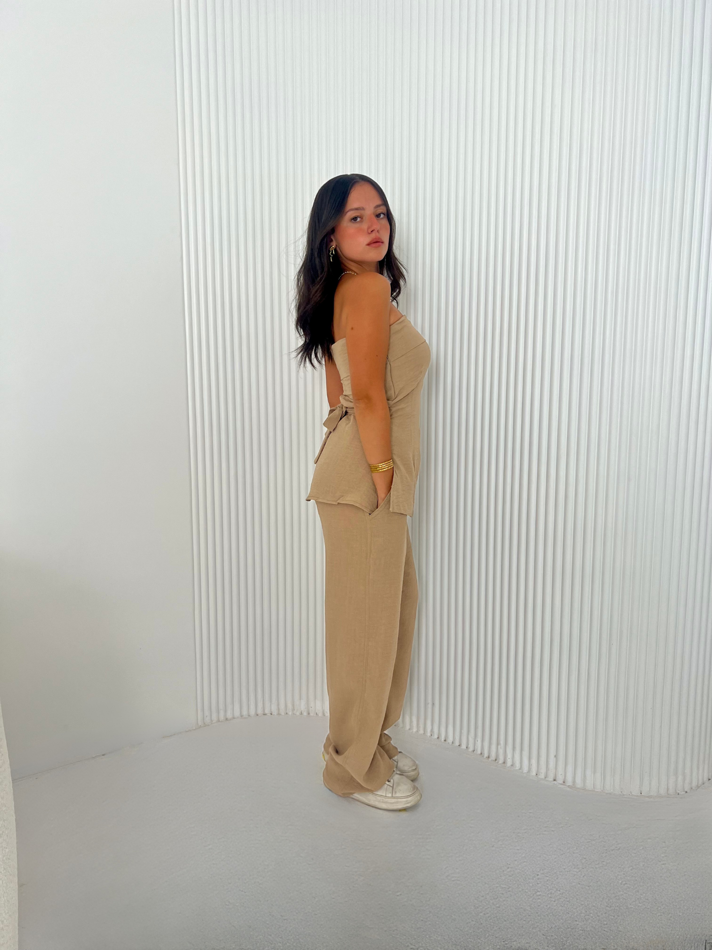 The Structured Strapless Linen Top in Beige