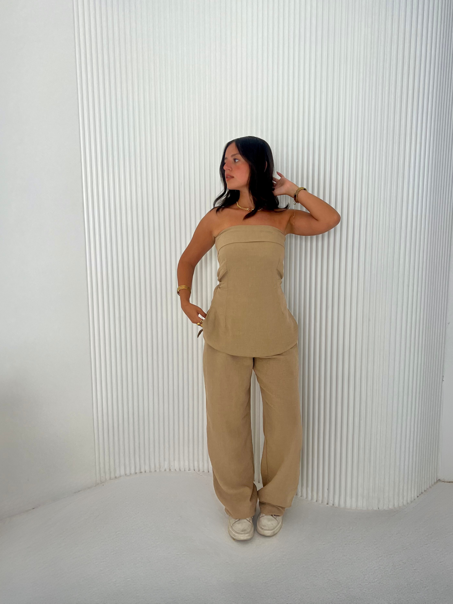 The Structured Strapless Linen Top in Beige