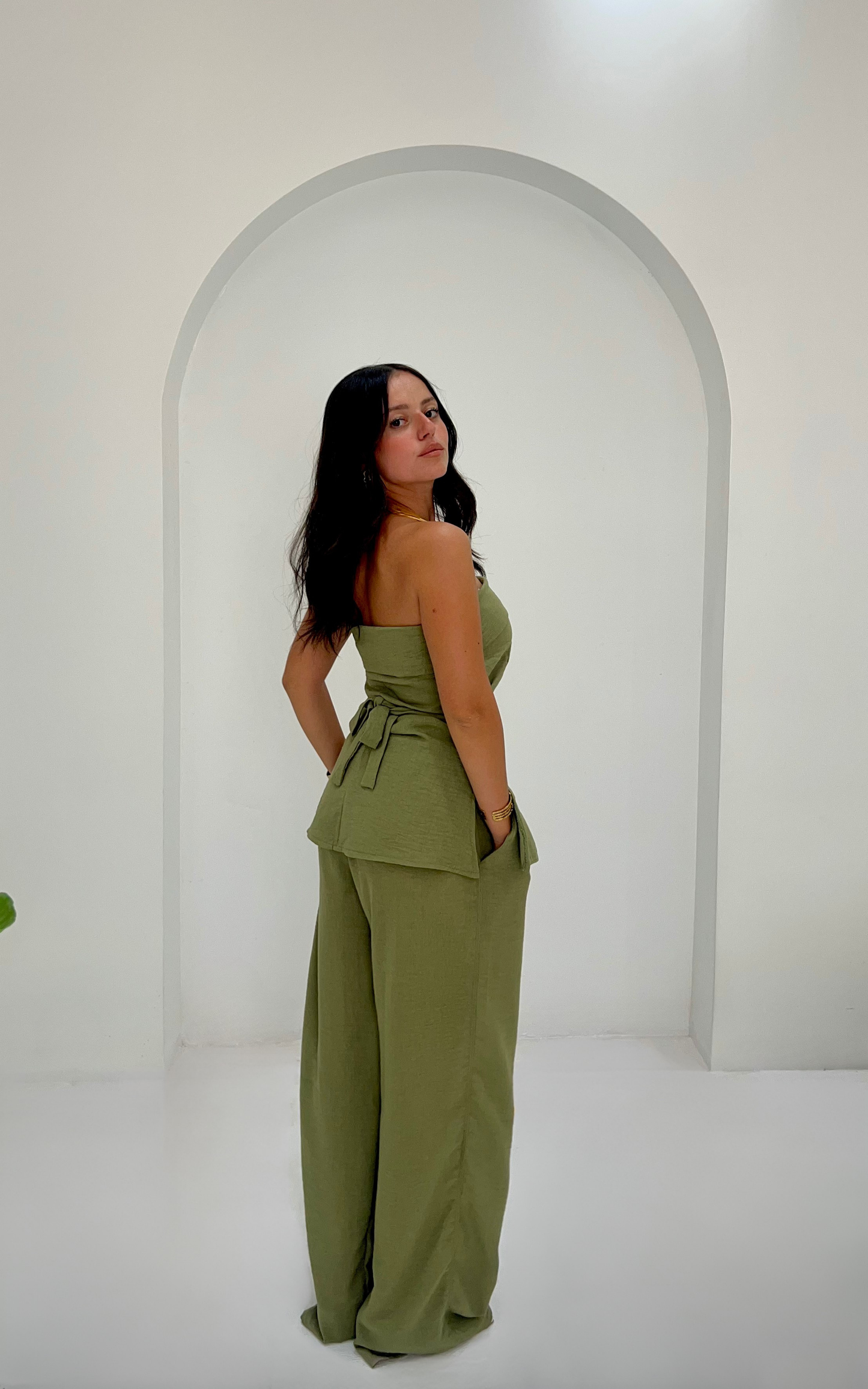The Structured Strapless Linen Top in Olive