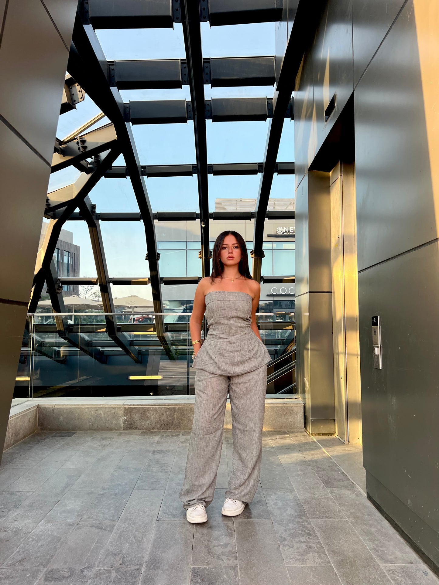 The Structured Strapless Linen Top in Stone Grey