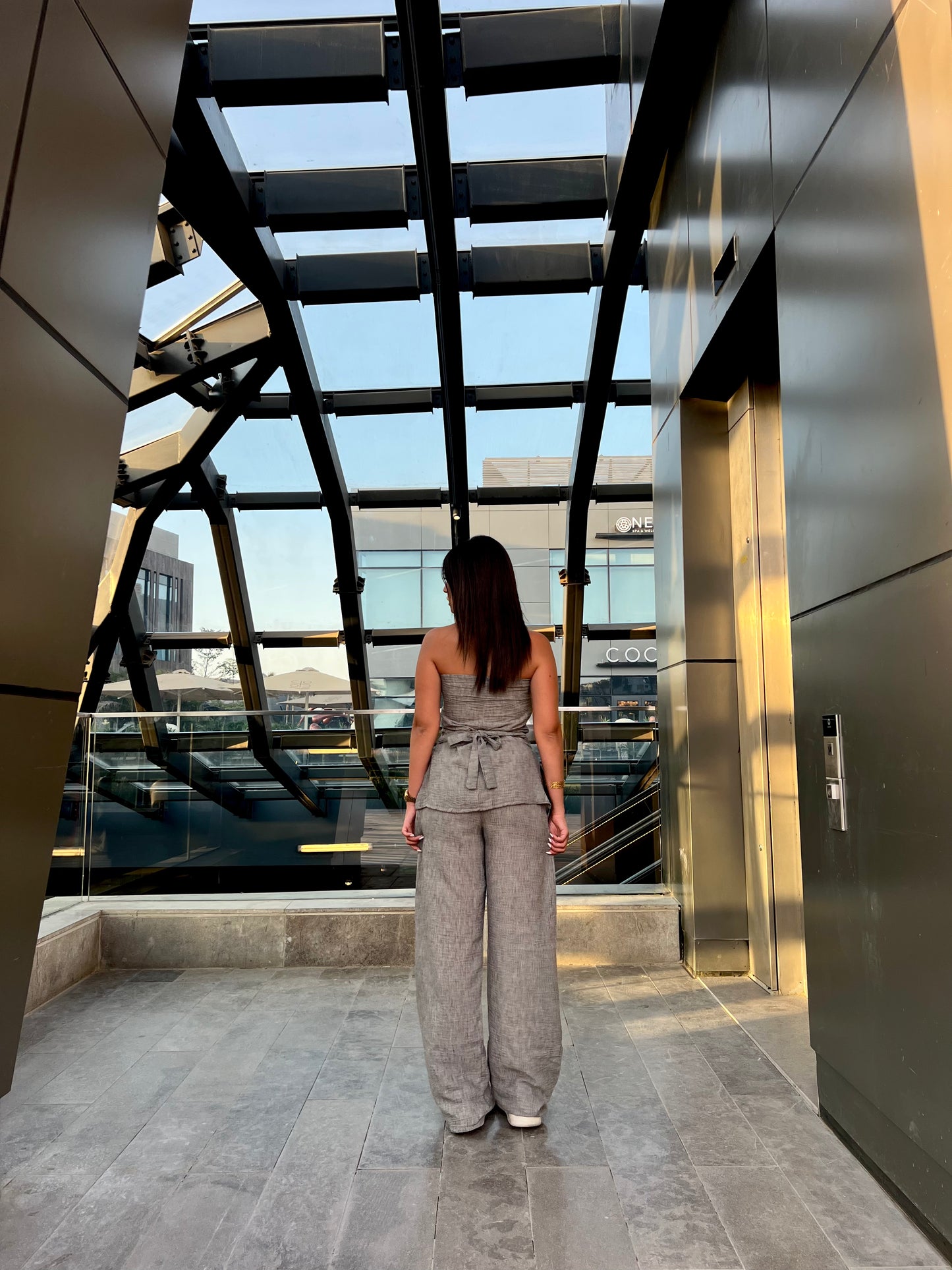 The Structured Strapless Linen Top in Stone Grey