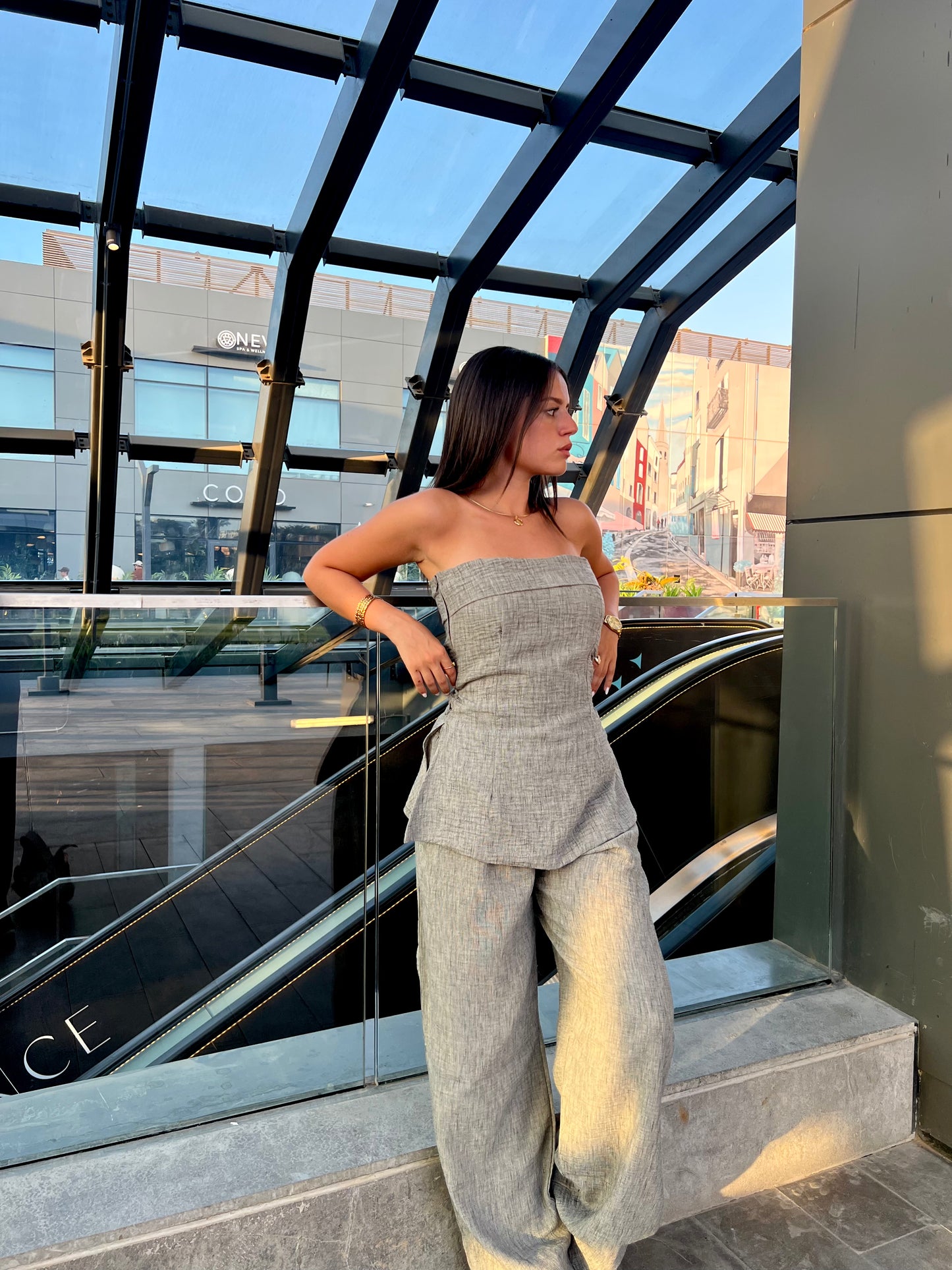 The Structured Strapless Linen Top in Stone Grey